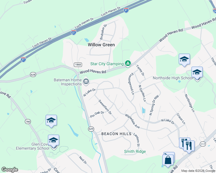 map of restaurants, bars, coffee shops, grocery stores, and more near 5526 North Lake Drive in Roanoke