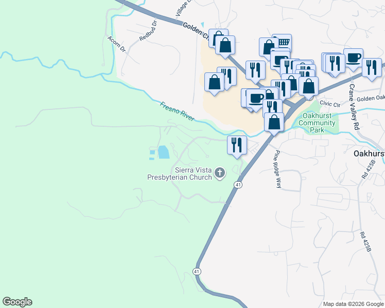 map of restaurants, bars, coffee shops, grocery stores, and more near 48444 Victoria Lane in Oakhurst