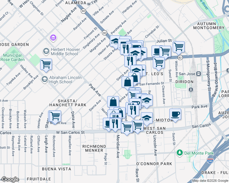 map of restaurants, bars, coffee shops, grocery stores, and more near 1305 Yosemite Avenue in San Jose