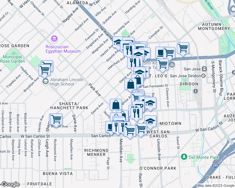 map of restaurants, bars, coffee shops, grocery stores, and more near 1305 Yosemite Avenue in San Jose