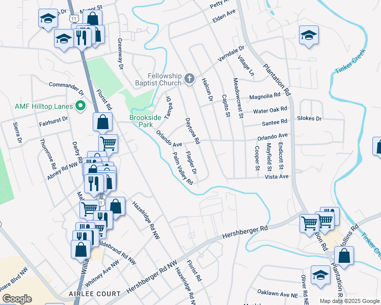 map of restaurants, bars, coffee shops, grocery stores, and more near 5433 Flagler Drive in Hollins