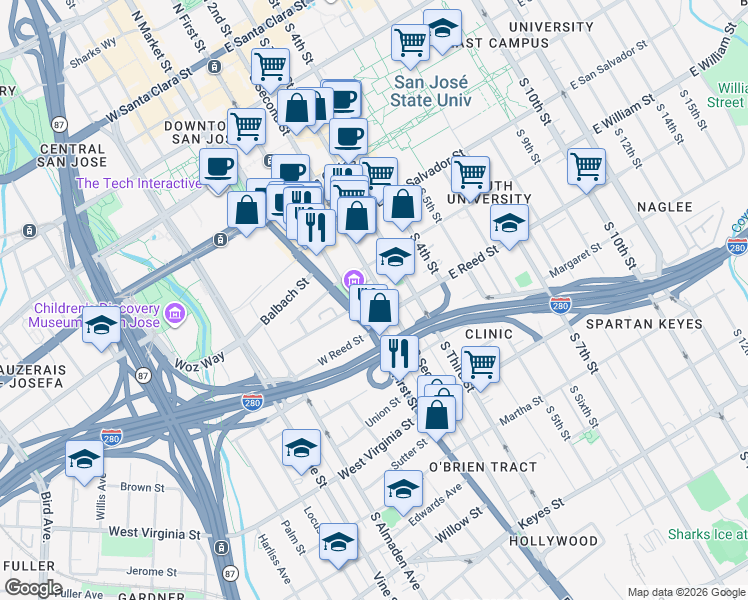 map of restaurants, bars, coffee shops, grocery stores, and more near in San Jose