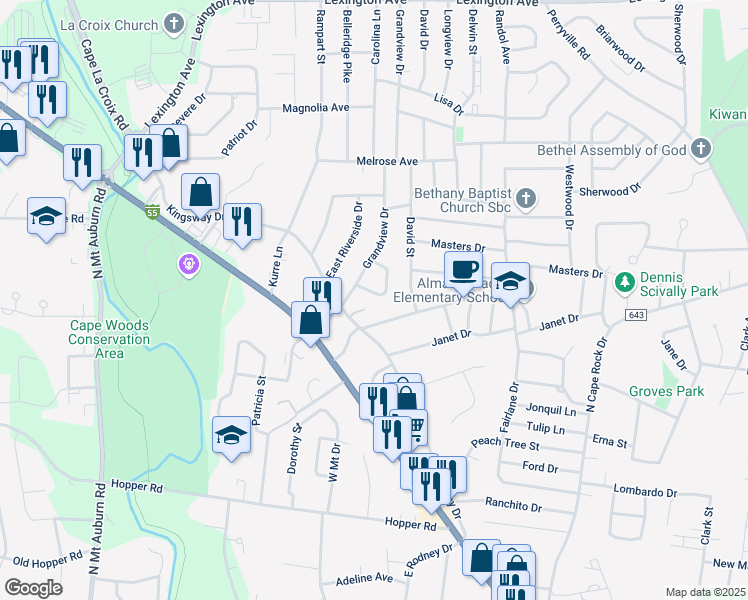map of restaurants, bars, coffee shops, grocery stores, and more near 1506 Revlon Drive in Cape Girardeau