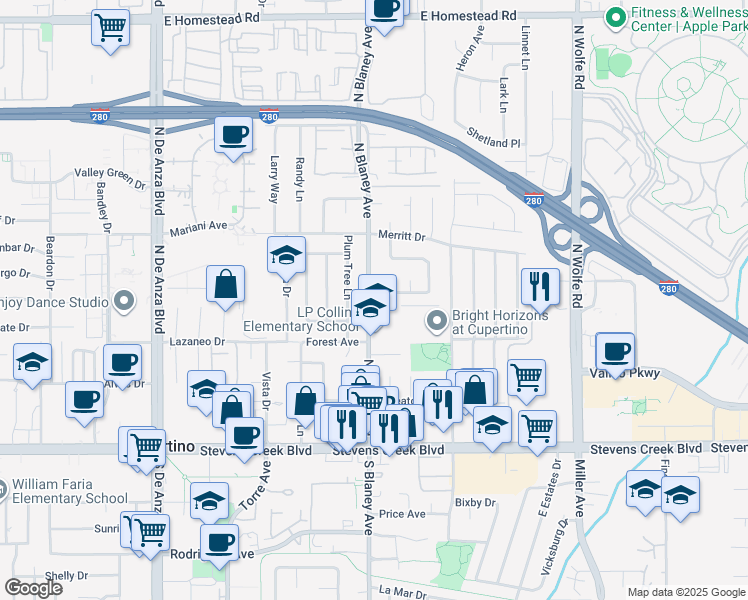map of restaurants, bars, coffee shops, grocery stores, and more near 19990 Pear Tree Lane in Cupertino