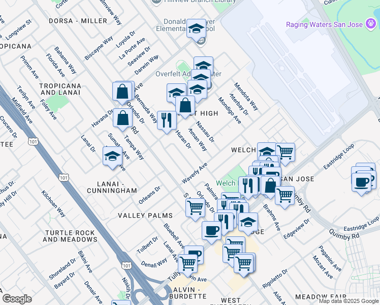 map of restaurants, bars, coffee shops, grocery stores, and more near 2142 Jamaica Way in San Jose