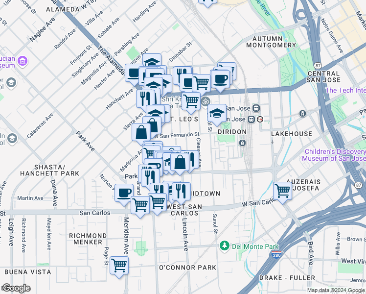 map of restaurants, bars, coffee shops, grocery stores, and more near 169 Rainier Street in San Jose