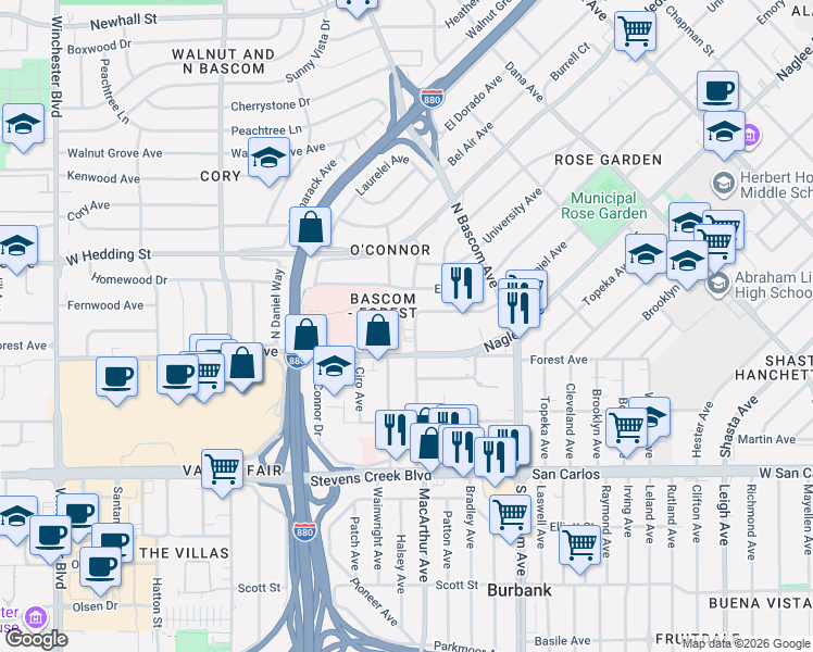 map of restaurants, bars, coffee shops, grocery stores, and more near 2081 Forest Avenue in San Jose
