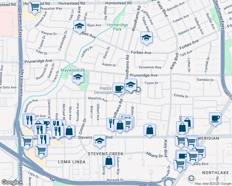 map of restaurants, bars, coffee shops, grocery stores, and more near 272 Hayes Avenue in Santa Clara