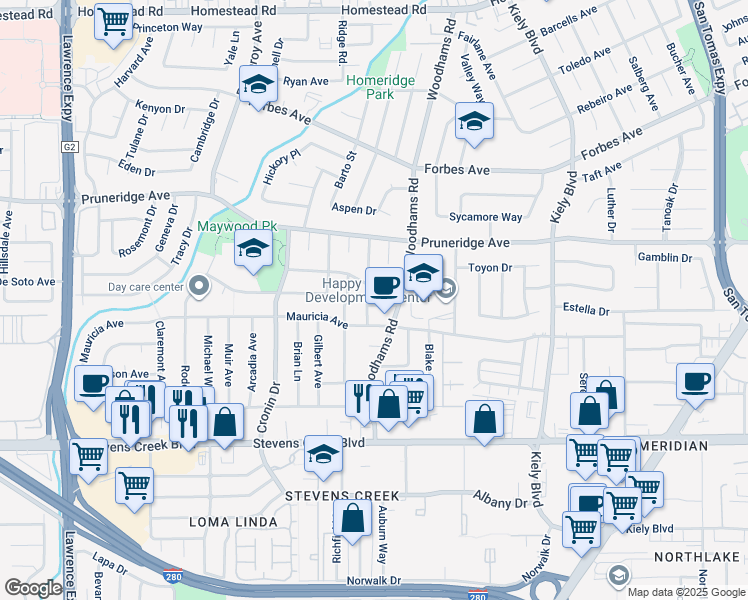 map of restaurants, bars, coffee shops, grocery stores, and more near 272 Hayes Avenue in Santa Clara