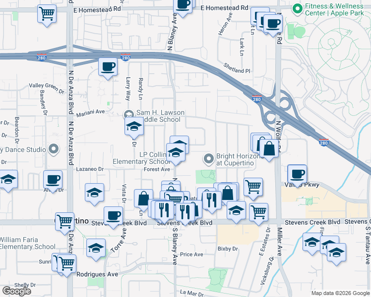 map of restaurants, bars, coffee shops, grocery stores, and more near 10300 North Blaney Avenue in Cupertino