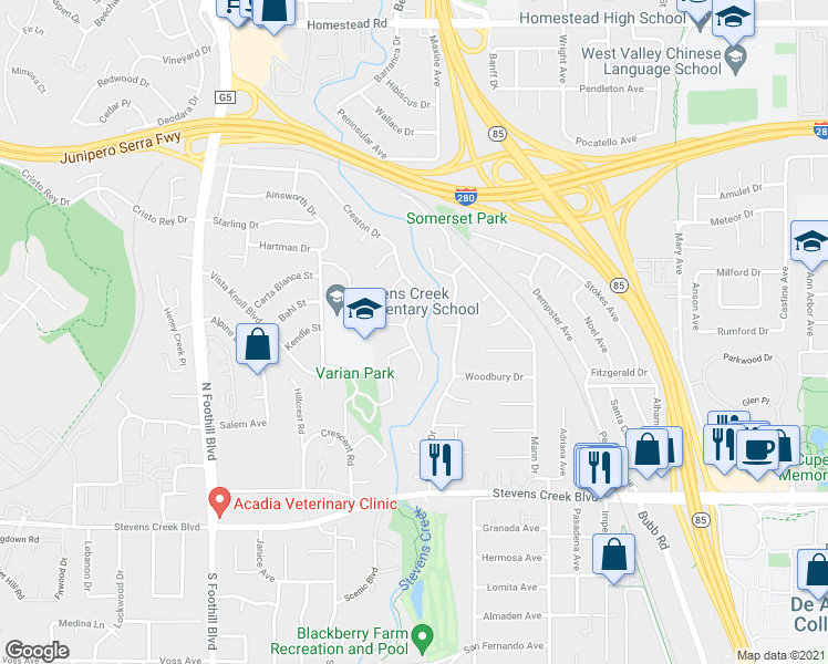 map of restaurants, bars, coffee shops, grocery stores, and more near 10310 Stonydale Drive in Cupertino