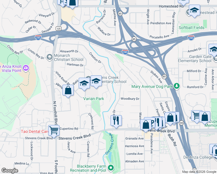 map of restaurants, bars, coffee shops, grocery stores, and more near 10310 Stonydale Drive in Cupertino