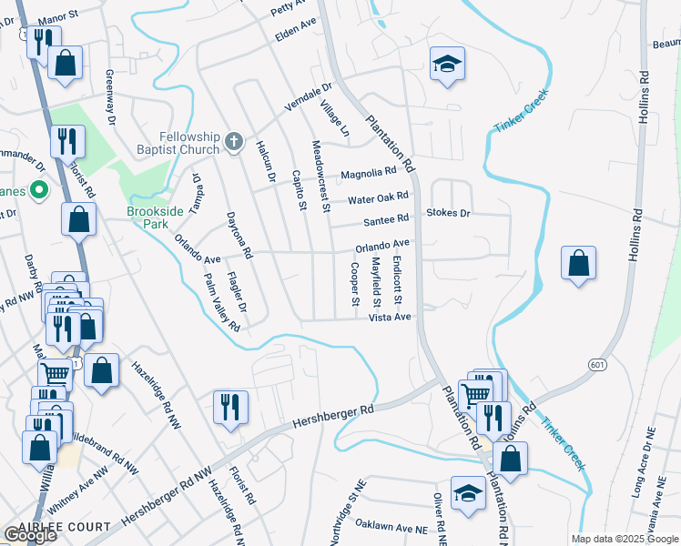 map of restaurants, bars, coffee shops, grocery stores, and more near 5415 Meadowcrest Street in Hollins