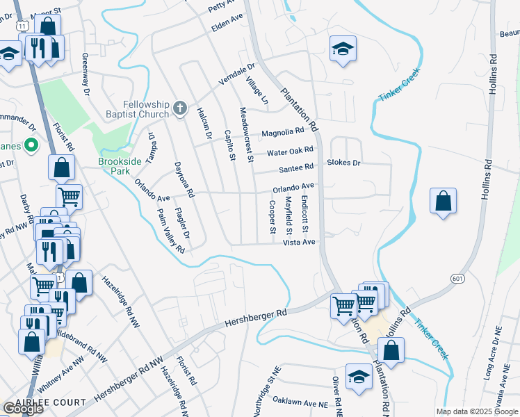 map of restaurants, bars, coffee shops, grocery stores, and more near 5415 Meadowcrest Street in Hollins