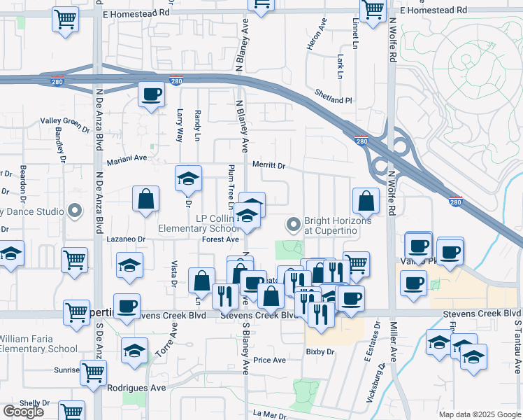 map of restaurants, bars, coffee shops, grocery stores, and more near 10300 North Blaney Avenue in Cupertino