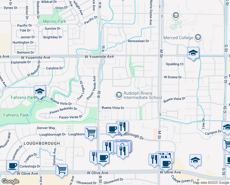 map of restaurants, bars, coffee shops, grocery stores, and more near 945 Buena Vista Drive in Merced