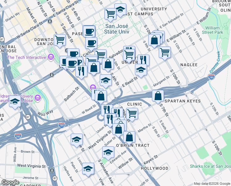 map of restaurants, bars, coffee shops, grocery stores, and more near 630 South 3rd Street in San Jose