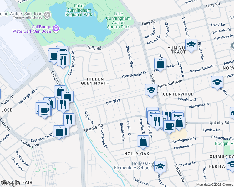 map of restaurants, bars, coffee shops, grocery stores, and more near 2708 Glen Ferguson Circle in San Jose