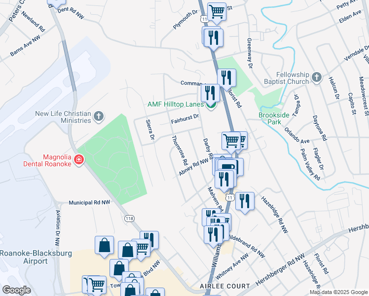 map of restaurants, bars, coffee shops, grocery stores, and more near 5743 Thornrose Road in Roanoke