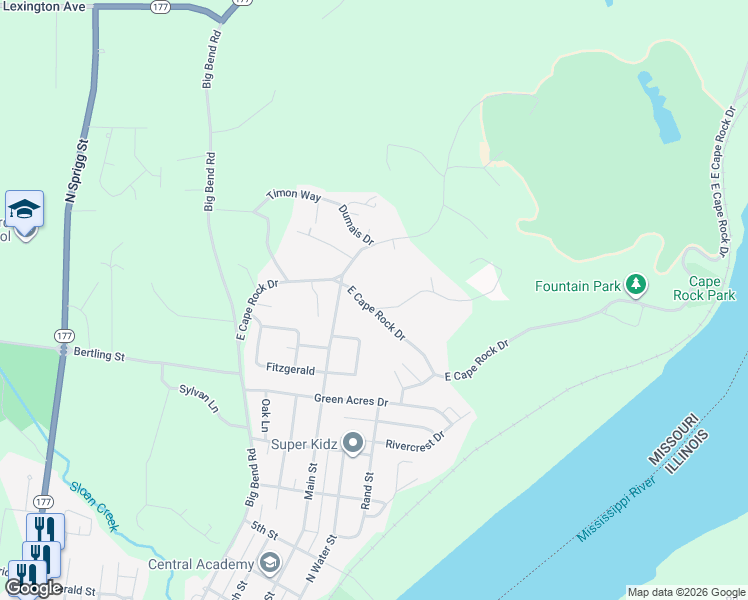 map of restaurants, bars, coffee shops, grocery stores, and more near 315 East Cape Rock Drive in Cape Girardeau