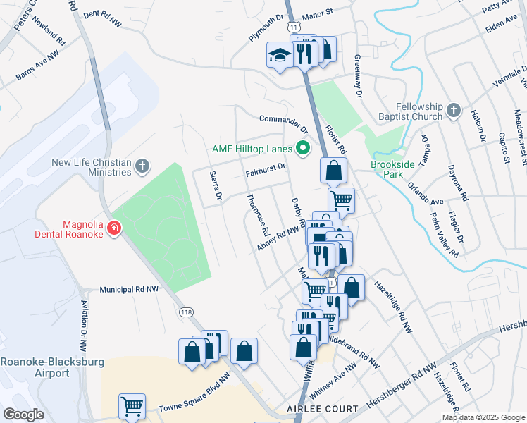 map of restaurants, bars, coffee shops, grocery stores, and more near 5743 Thornrose Road in Roanoke
