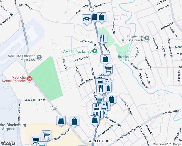 map of restaurants, bars, coffee shops, grocery stores, and more near 5722 Darby Road in Roanoke