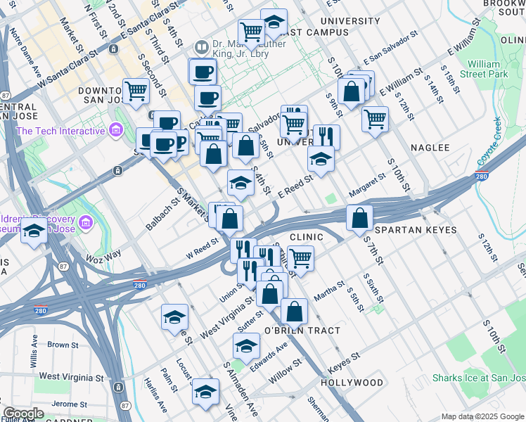 map of restaurants, bars, coffee shops, grocery stores, and more near 128 East Reed Street in San Jose