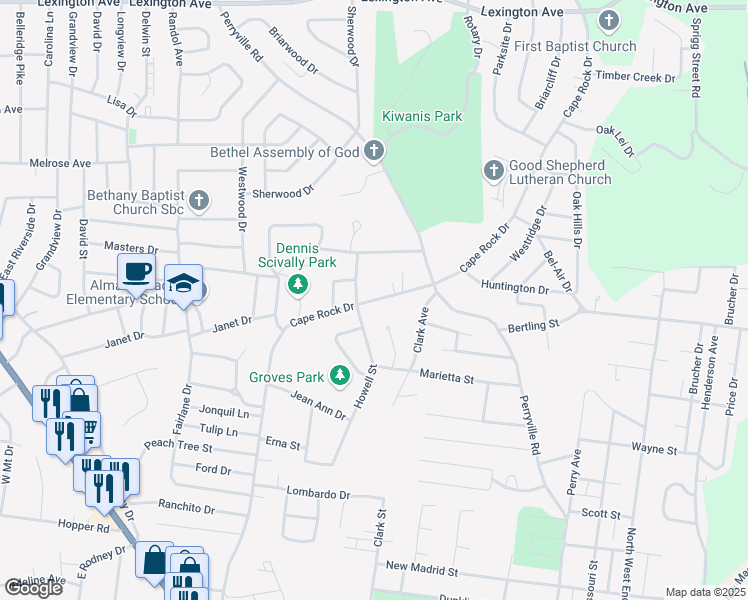 map of restaurants, bars, coffee shops, grocery stores, and more near 2215 West Cape Rock Drive in Cape Girardeau