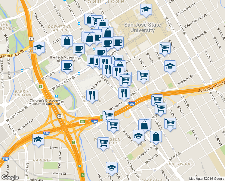 map of restaurants, bars, coffee shops, grocery stores, and more near 505 South Market Street in San Jose