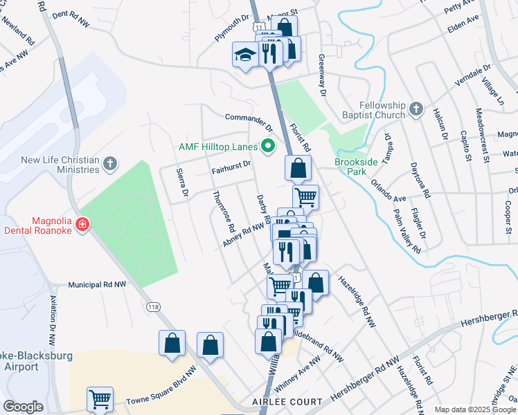 map of restaurants, bars, coffee shops, grocery stores, and more near 5722 Darby Road in Roanoke