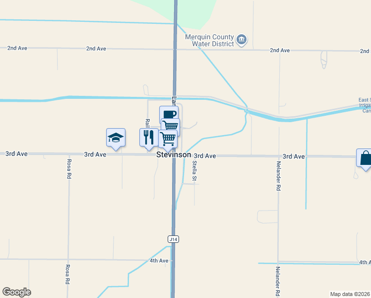 map of restaurants, bars, coffee shops, grocery stores, and more near 2776 Center Street in Stevinson