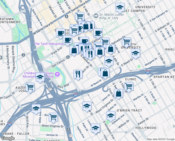 map of restaurants, bars, coffee shops, grocery stores, and more near 129 West William Street in San Jose