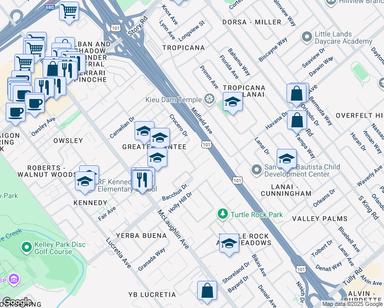 map of restaurants, bars, coffee shops, grocery stores, and more near 1412 Joe Dimaggio Court in San Jose