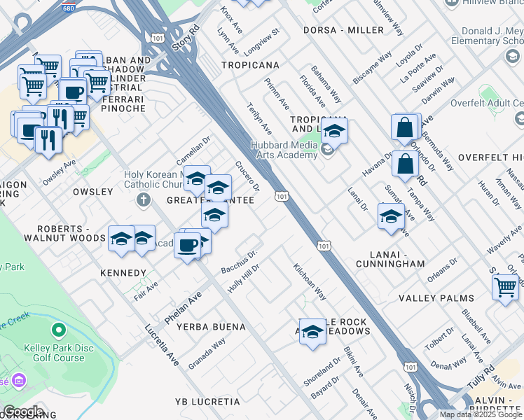 map of restaurants, bars, coffee shops, grocery stores, and more near 1412 Joe Dimaggio Court in San Jose