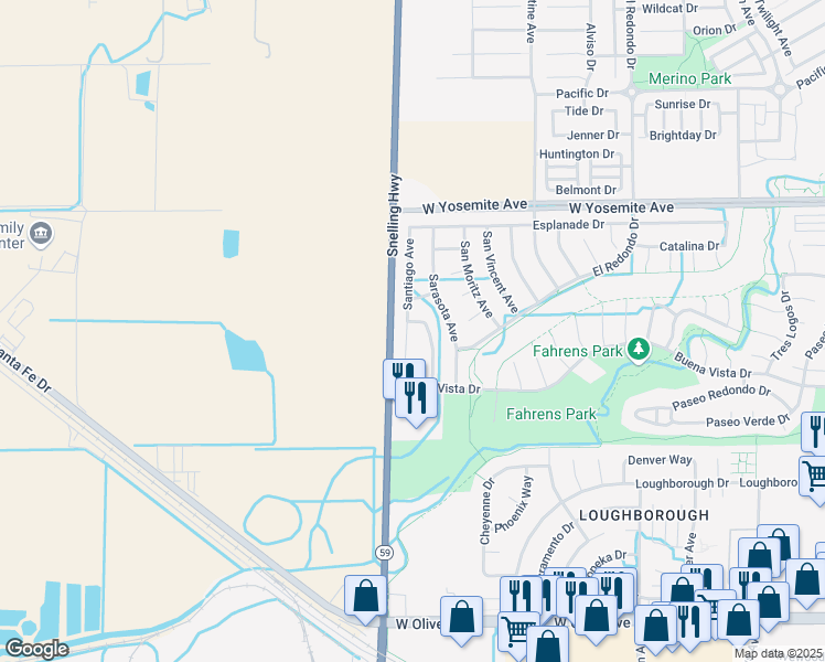 map of restaurants, bars, coffee shops, grocery stores, and more near 3530 Santiago Avenue in Merced