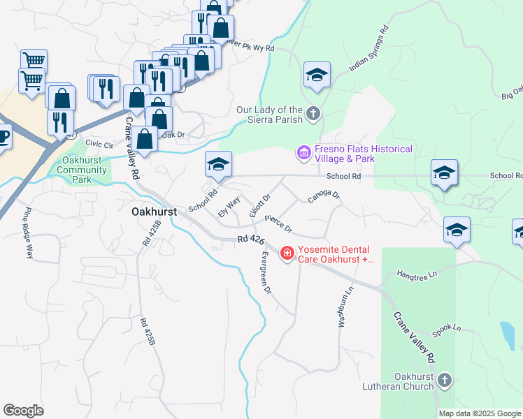 map of restaurants, bars, coffee shops, grocery stores, and more near 40885 Elliott Drive in Oakhurst