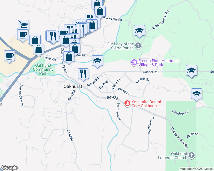 map of restaurants, bars, coffee shops, grocery stores, and more near 49517 Pierce Drive in Oakhurst