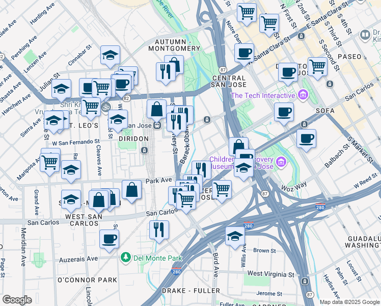 map of restaurants, bars, coffee shops, grocery stores, and more near 485 Park Avenue in San Jose