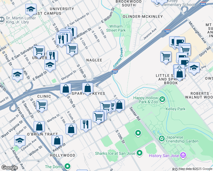 map of restaurants, bars, coffee shops, grocery stores, and more near 516 Martha Street in San Jose