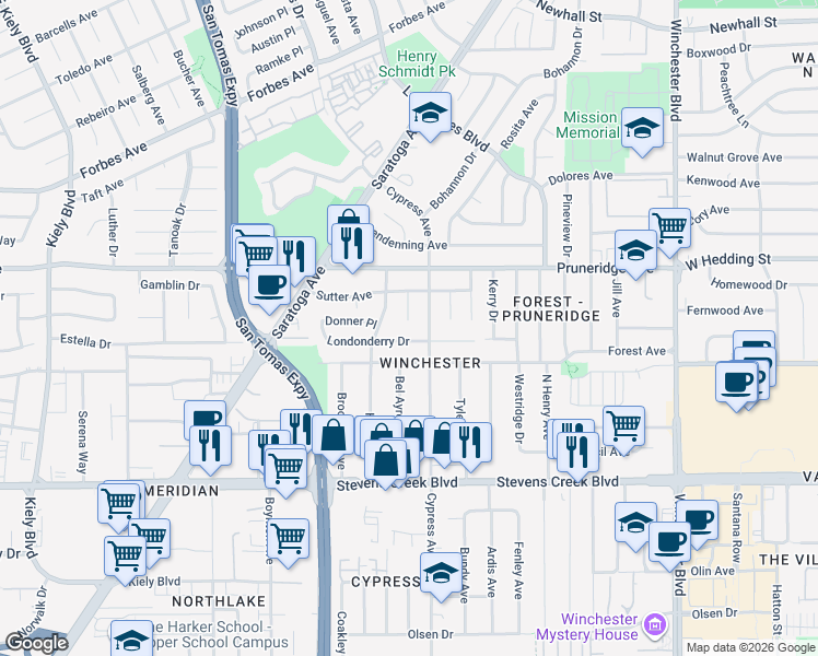 map of restaurants, bars, coffee shops, grocery stores, and more near 3484 Londonderry Drive in Santa Clara