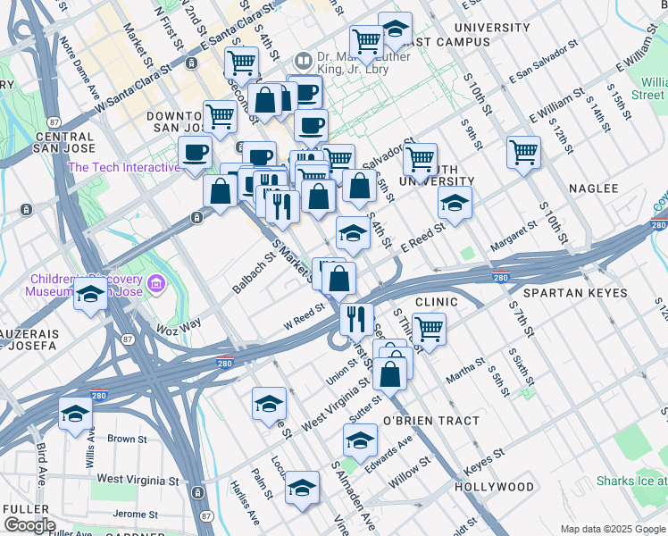 map of restaurants, bars, coffee shops, grocery stores, and more near 555 South Second Street in San Jose