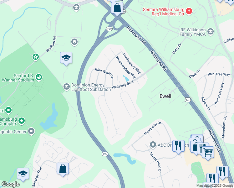 map of restaurants, bars, coffee shops, grocery stores, and more near 6108 South Mayfair Circle in Williamsburg