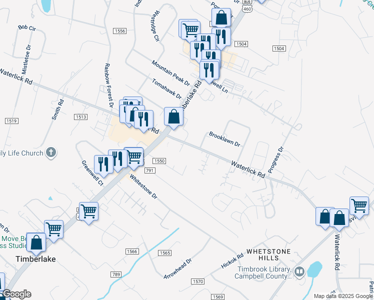 map of restaurants, bars, coffee shops, grocery stores, and more near 3144 Waterlick Road in Lynchburg