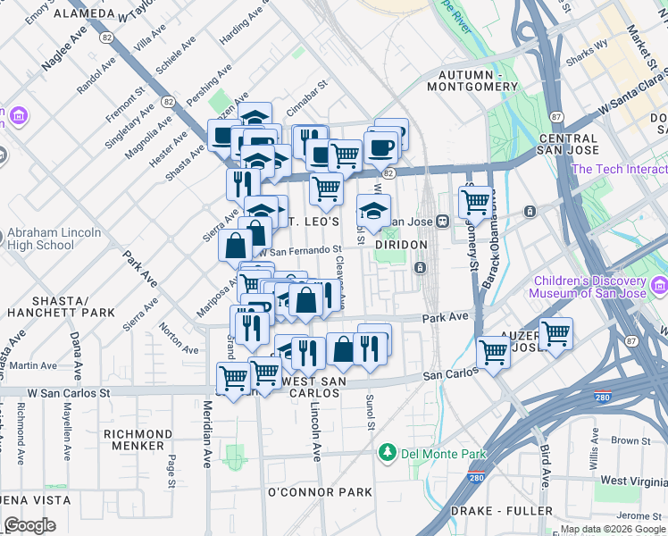 map of restaurants, bars, coffee shops, grocery stores, and more near 158 South Morrison Avenue in San Jose