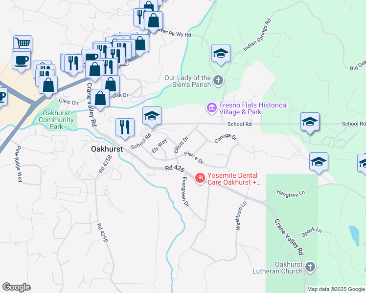 map of restaurants, bars, coffee shops, grocery stores, and more near 40885 Elliott Drive in Oakhurst