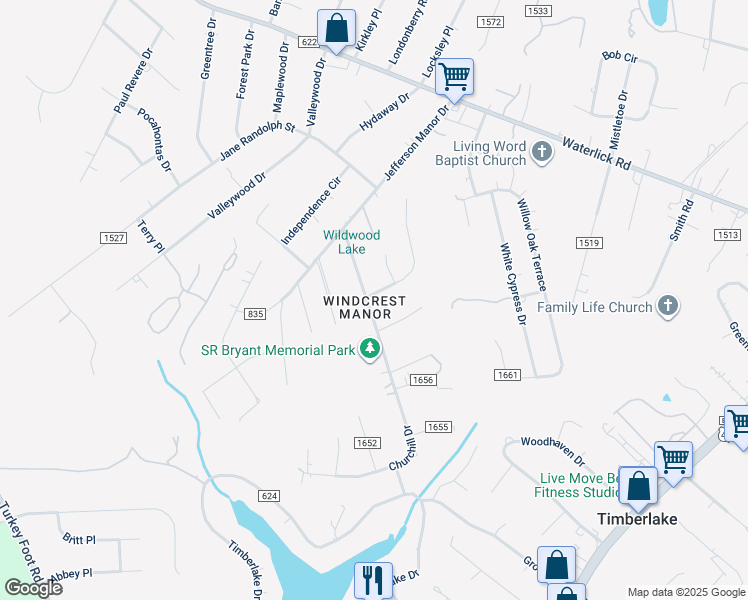 map of restaurants, bars, coffee shops, grocery stores, and more near 175 Bumgarner Drive in Forest