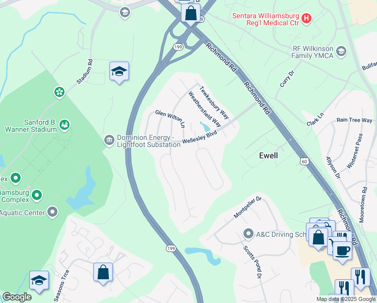 map of restaurants, bars, coffee shops, grocery stores, and more near 6108 South Mayfair Circle in Williamsburg