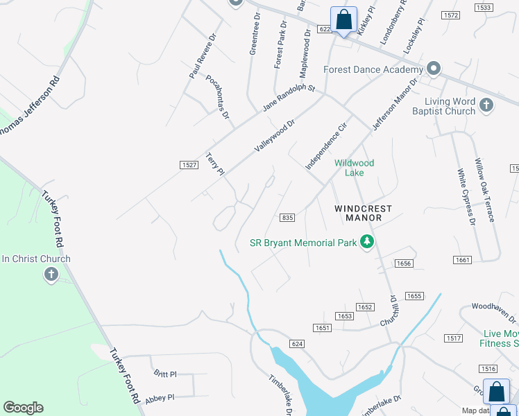 map of restaurants, bars, coffee shops, grocery stores, and more near 1203 Goose Meadow Drive in Forest