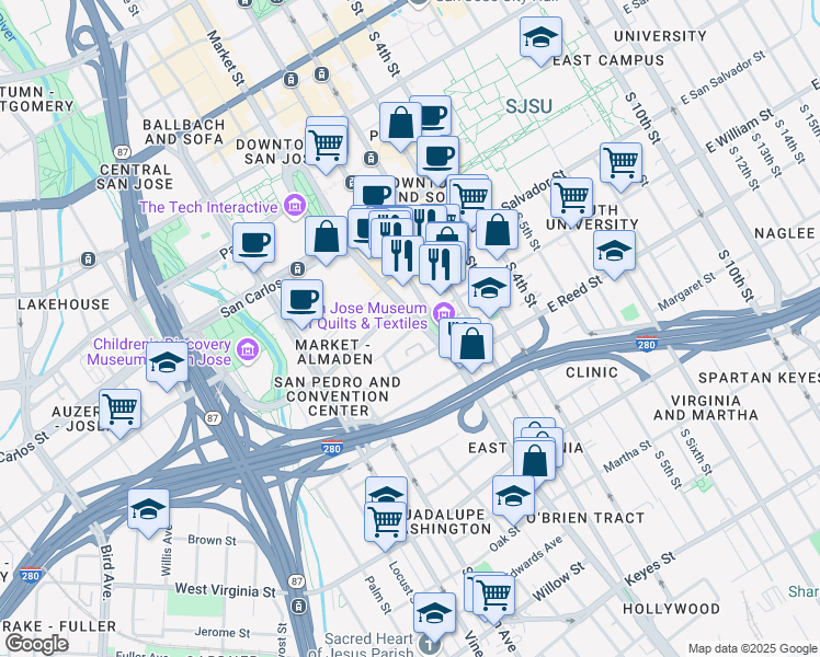 map of restaurants, bars, coffee shops, grocery stores, and more near 499 South Market Street in San Jose