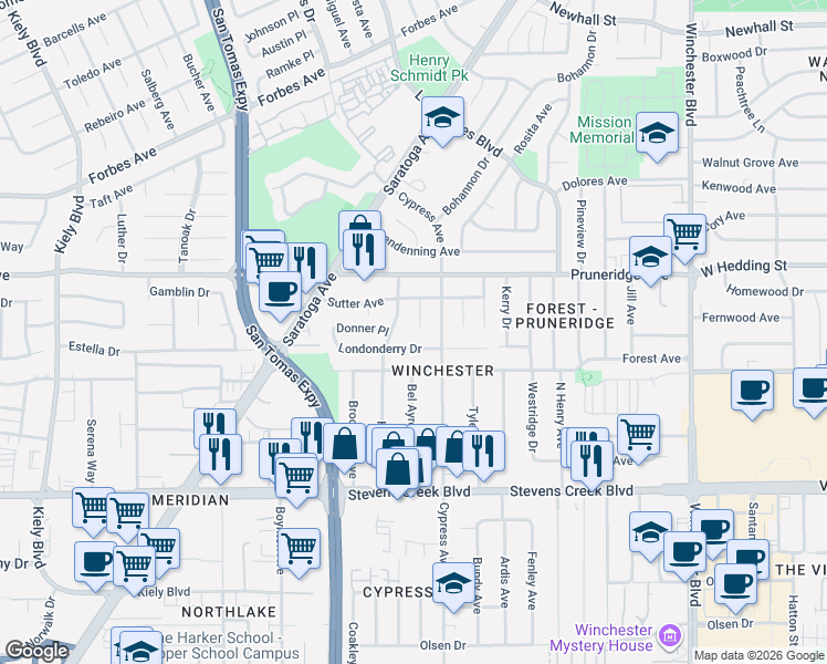 map of restaurants, bars, coffee shops, grocery stores, and more near 3484 Londonderry Drive in Santa Clara